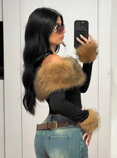 Fluffy Off Shoulder Long Sleeve T-Shirt